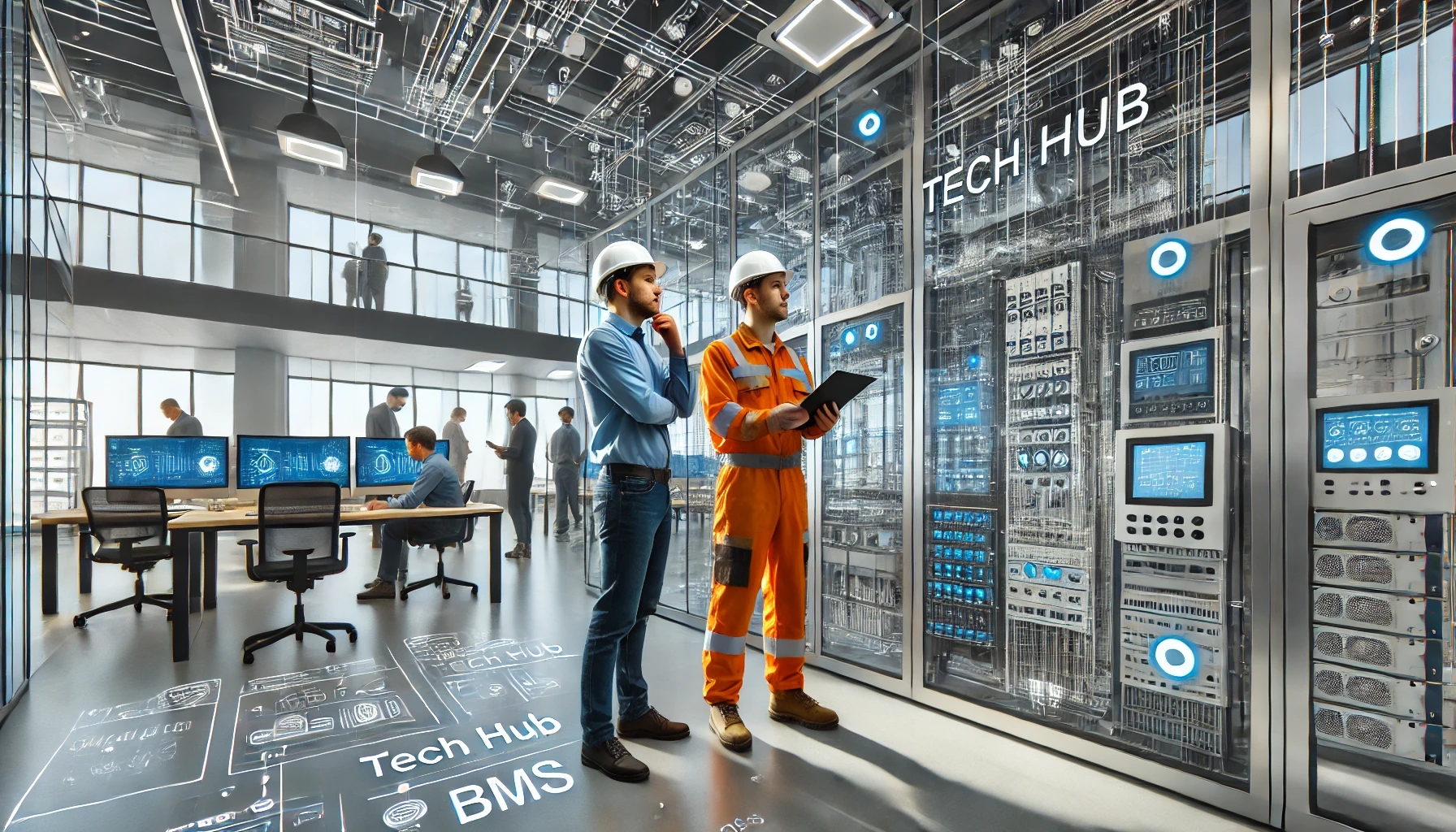 Two engineers working inside The Tech Hub office complex, inspecting and discussing high-tech installations with fewer people in the background