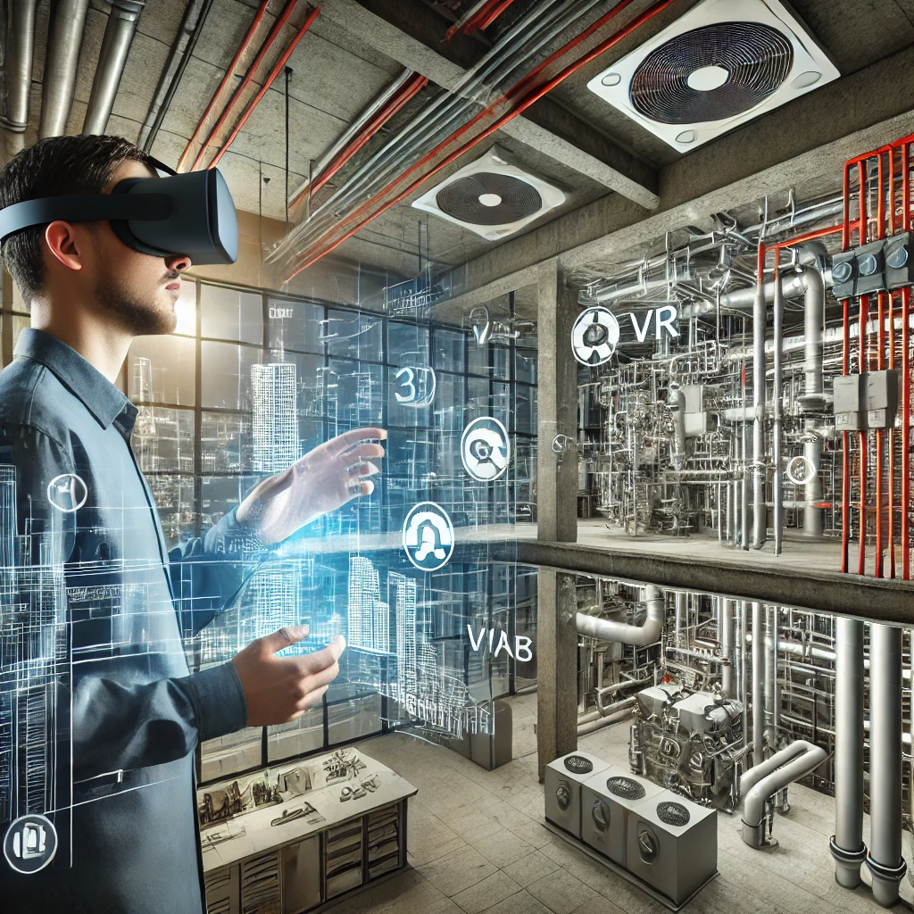 An engineer wearing augmented reality (AR) glasses interacts with a 3D model of HVAC and plumbing systems in a modern commercial building. The AR overlay shows digital system elements superimposed on real-world walls and pipes. On the side, a virtual reality (VR) interface displays a detailed walkthrough of the building’s mechanical systems. 