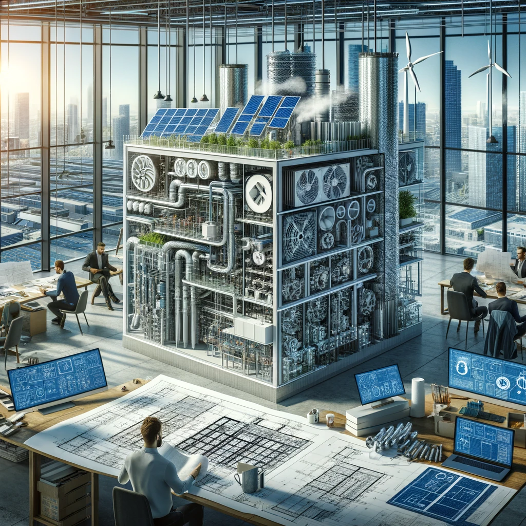 image illustrating best practices for MEP design in complex architectural projects, focusing on teamwork, innovation, and sustainable energy solutions. 