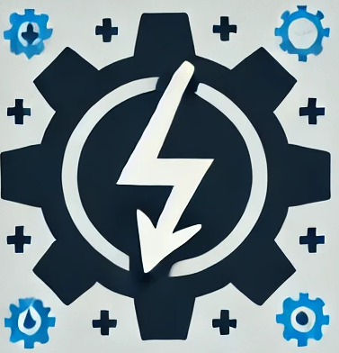 A black gear with a central white lightning bolt, symbolizing electrical engineering services