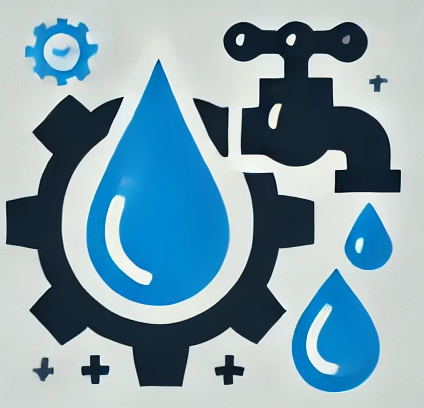 A gear integrated with a blue water droplet and faucet, representing water engineering services